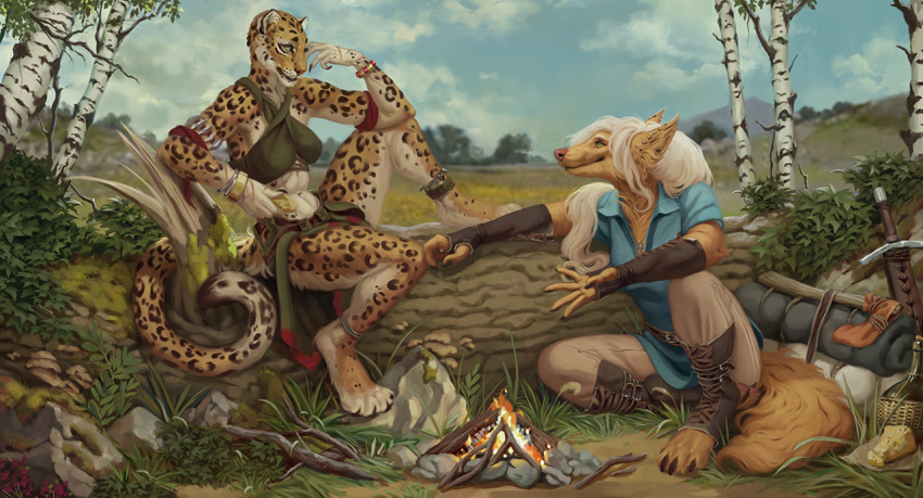 2020 4_toes 5_fingers anthro breasts canid canine canis clothed clothing day detailed_background digital_media_(artwork) digitigrade domestic_dog felid female fingers fire grass jaguar male mammal moss outside pantherine raventenebris sky toes tree