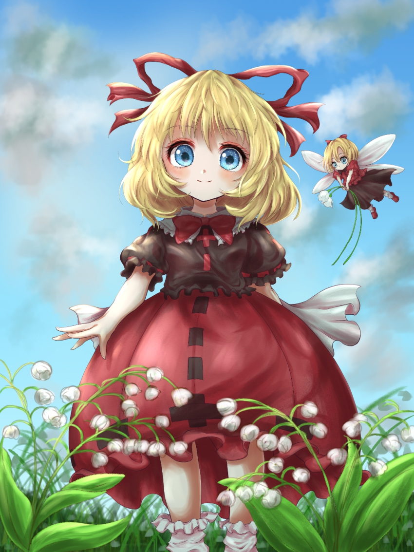 2girls arm_at_side arm_behind_back black_shirt black_skirt blonde_hair blue_eyes blue_sky blush bobby_socks bow bowtie bubble_skirt cloud commentary_request day eyebrows_visible_through_hair fairy_wings feet_out_of_frame floating flower grass hair_between_eyes hair_ribbon highres holding holding_flower kayon_(touzoku) lily_of_the_valley looking_at_viewer medicine_melancholy multiple_girls outdoors puffy_short_sleeves puffy_sleeves red_footwear red_neckwear red_shirt red_skirt ribbon shirt short_hair short_sleeves skirt sky smile socks standing su-san touhou white_legwear wings