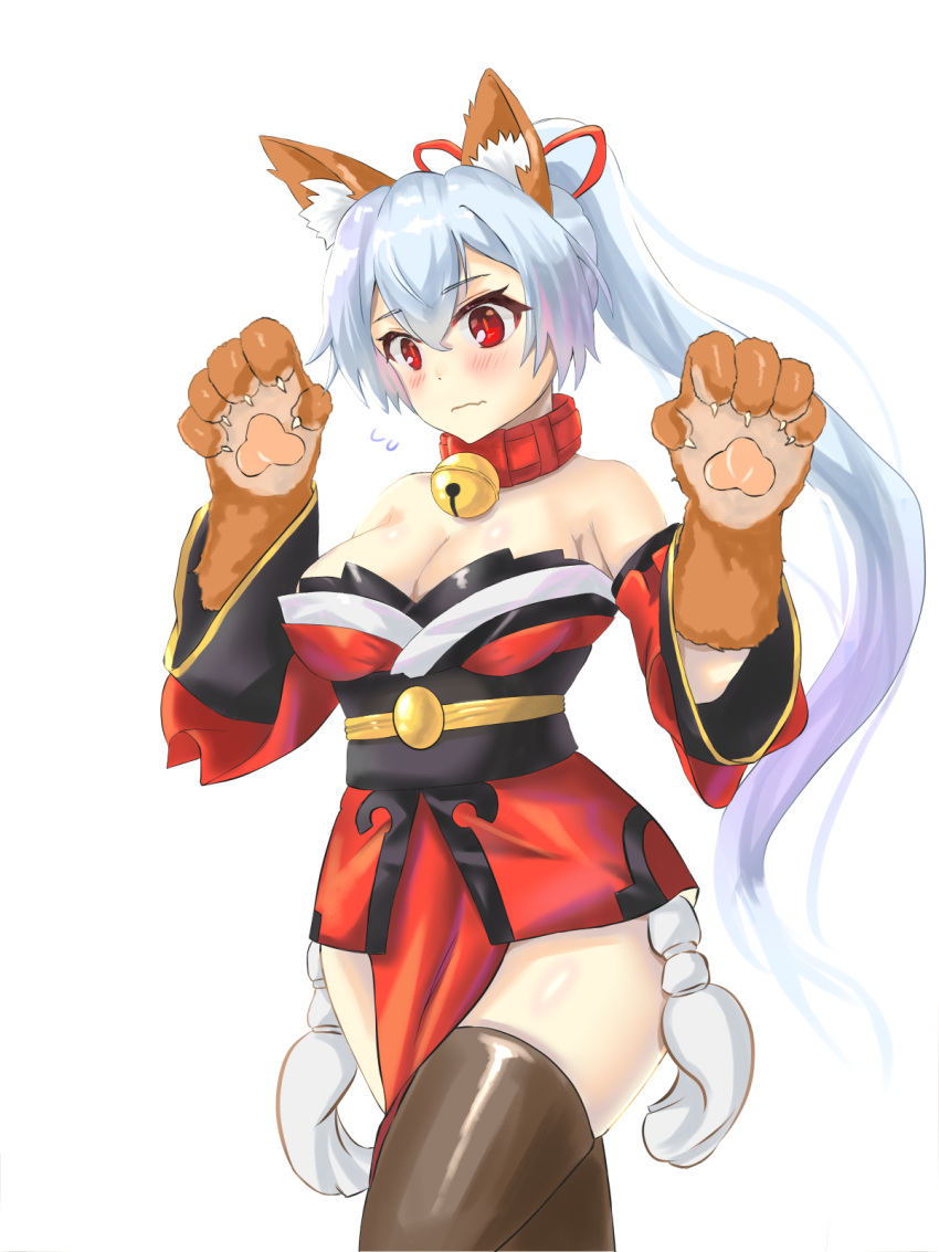 1girl animal_ear_fluff animal_ears bare_shoulders bell bell_collar black_legwear blush breasts cat_paws cleavage collar cosplay detached_sleeves eyebrows_visible_through_hair fate/grand_order fate_(series) fox_ears gloves highres japanese_clothes jingle_bell kimono large_breasts long_hair looking_down paw_gloves paws ponytail red_eyes red_ribbon ribbon short_kimono silver_hair simple_background solo tamamo_(fate)_(all) tamamo_cat_(fate) tamamo_cat_(fate)_(cosplay) tomoe_gozen_(fate/grand_order) very_long_hair wavy_mouth white_background yahan_(mctr5253)