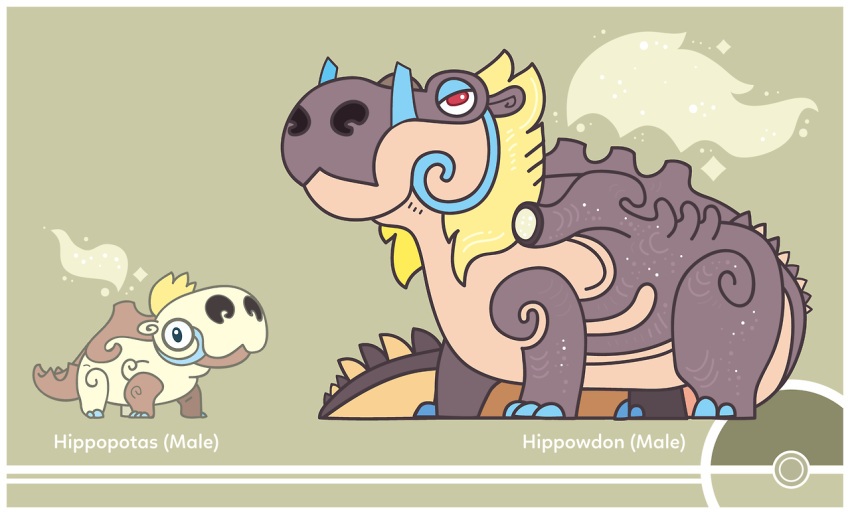 brown_background character_name claws commentary cosmopoliturtle creature english_commentary full_body gen_4_pokemon hippopotamus hippopotas hippopotas_(male) hippowdon hippowdon_(male) no_humans pokemon pokemon_(creature) redesign simple_background smoke standing
