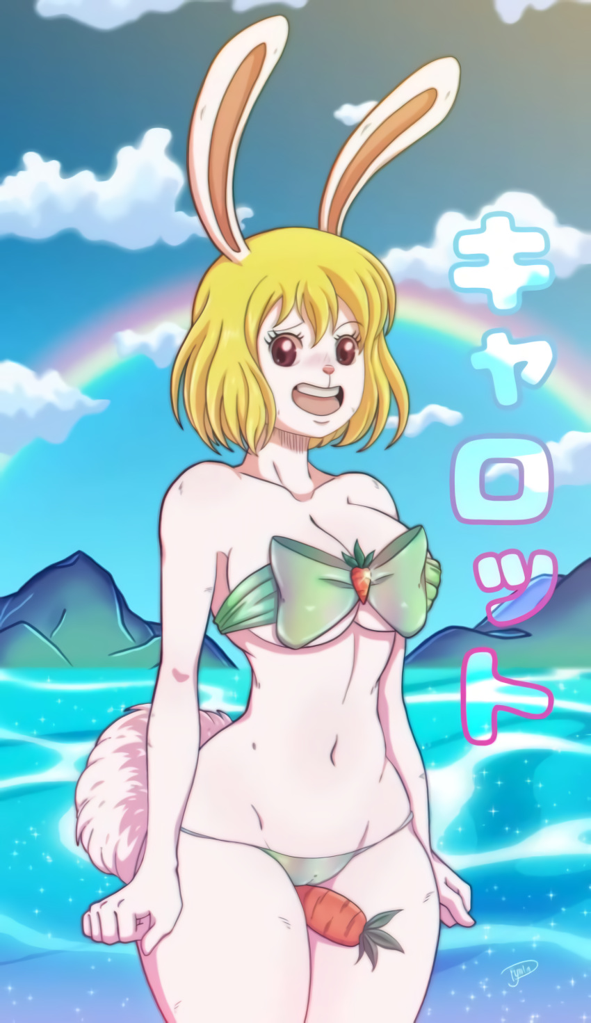 absurd_res bikini blonde_hair camel_toe carrot_(one_piece) clothing detailed_background digital_media_(artwork) fur hair hi_res lagomorph leporid long_ears mammal one_piece portrait rabbit signature source_request swimwear three-quarter_portrait unknown_artist unknown_artist_signature water white_body white_ears white_fur