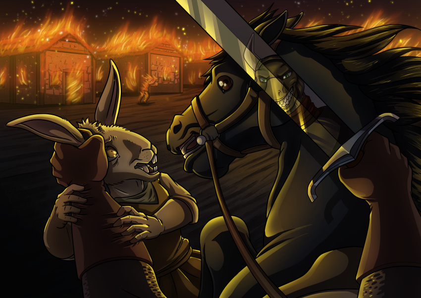 anthro burning burning_alive burning_building death dying equid equine feral fire group hi_res horse horseback horseback_riding lagomorph leporid lizard male mammal melee_weapon monitor_lizard neigh rabbit reflection reptile scalie sword village weapon wheresmyale