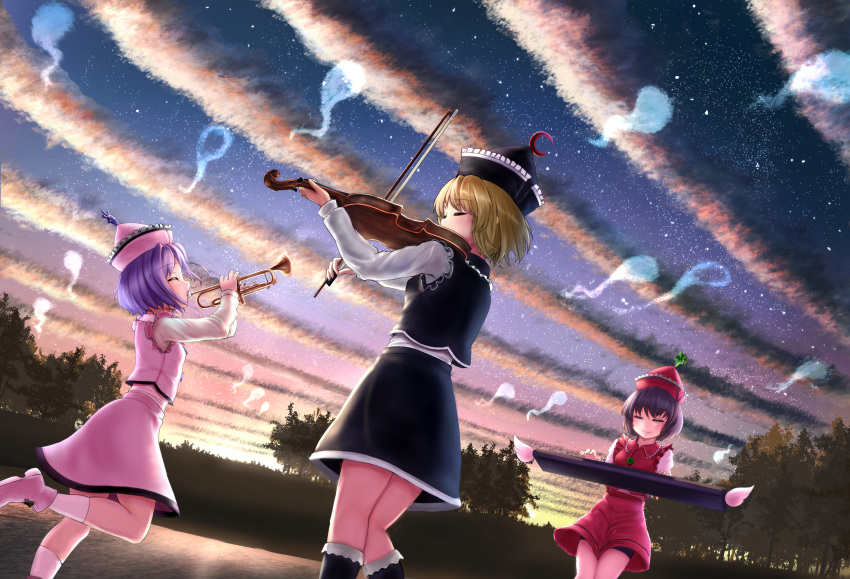 3girls ankle_boots arms_up black_headwear black_legwear black_skirt black_vest blonde_hair boots bow_(instrument) brown_hair closed_eyes cloud commentary_request dawn dutch_angle from_behind from_side hat highres hitodama instrument keyboard_(instrument) kneehighs lake leaning_back long_sleeves luke_(kyeftss) lunasa_prismriver lyrica_prismriver merlin_prismriver multiple_girls music outdoors pink_footwear pink_headwear pink_skirt pink_vest playing_instrument purple_hair red_headwear red_skirt red_vest shirt siblings sisters skirt sky smile standing standing_on_one_leg star_(sky) starry_sky sunrise touhou touhou_cannonball tree trumpet twilight vest violin white_legwear white_shirt