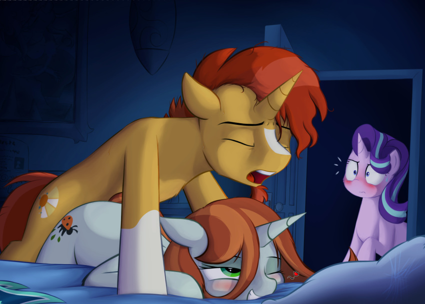 &lt;3 2019 anonyxnugax blush cutie_mark door equid eyebrows eyelashes female feral friendship_is_magic green_eyes grin group hi_res horn inside mammal my_little_pony one_eye_closed open_mouth queen_chrysalis_(mlp) sex shutter_bug_(mlp) smile starlight_glimmer_(mlp) sunburst_(mlp) unicorn