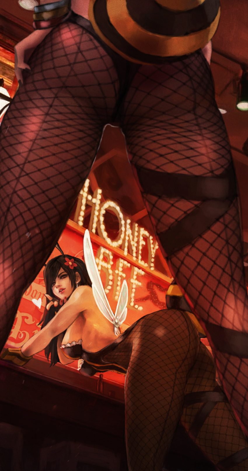 2girls absurdres aerith_gainsborough alternate_costume ass bangle bar bare_shoulders bee_costume bent_over black_hair bracelet breasts commentary english_commentary fake_wings final_fantasy final_fantasy_vii final_fantasy_vii_remake fishnet_legwear fishnets flower hair_flower hair_ornament hands_on_hips highres huge_filesize insect_wings jewelry large_breasts leotard long_hair monori_rogue multiple_girls pantyhose sideboob solo_focus stinger strapless strapless_leotard thigh_strap tifa_lockhart wings wrist_cuffs