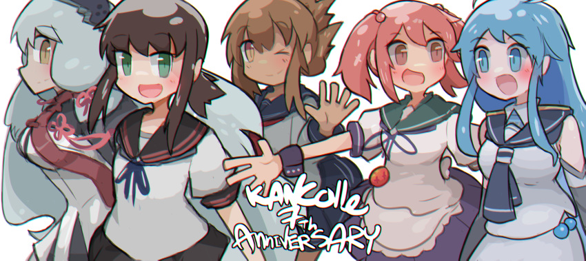 5girls absurdres anniversary apron badge bangs black_gloves black_hair black_neckwear black_sailor_collar black_skirt bleuzer blue_eyes blue_hair brown_eyes brown_hair copyright_name elbow_gloves folded_ponytail frilled_apron frilled_skirt frills fubuki_(kantai_collection) gloves gradient_hair green_eyes green_sailor_collar hair_bobbles hair_ornament hair_ribbon headgear highres inazuma_(kantai_collection) kantai_collection long_hair low_ponytail multicolored_hair multiple_girls murakumo_(kantai_collection) neckerchief necktie no_nose orange_eyes pink_eyes pink_hair pleated_skirt ponytail puffy_short_sleeves puffy_sleeves red_neckwear remodel_(kantai_collection) ribbon sailor_collar samidare_(kantai_collection) sazanami_(kantai_collection) school_uniform serafuku shirt short_hair short_ponytail short_sleeves sidelocks silver_hair skirt sleeveless sleeveless_shirt swept_bangs tress_ribbon twintails very_long_hair waist_apron waving white_apron white_shirt wrist_cuffs