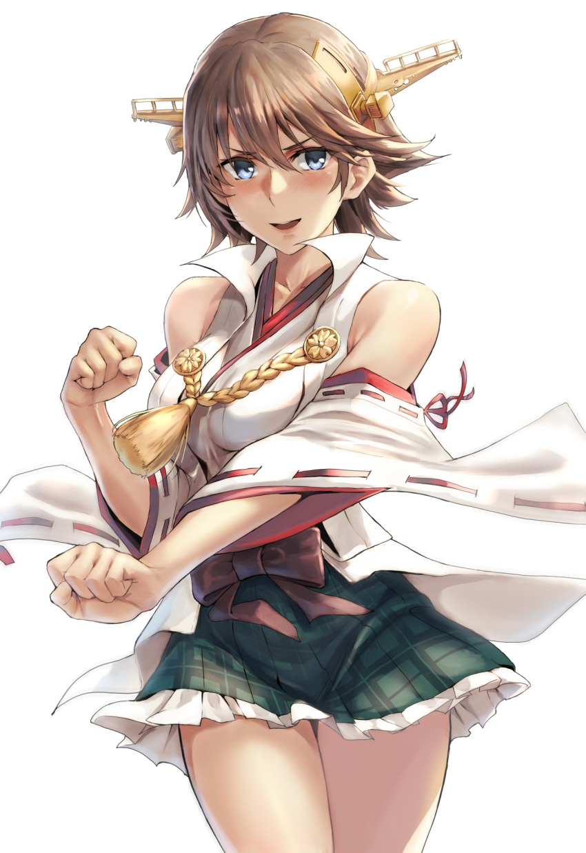 1girl bare_shoulders blue_eyes blush brown_hair clenched_hands cowboy_shot detached_sleeves green_skirt hair_between_eyes headgear hiei_(kantai_collection) highres japanese_clothes kantai_collection kokuzoo nontraditional_miko open_mouth plaid plaid_skirt pleated_skirt remodel_(kantai_collection) ribbon-trimmed_sleeves ribbon_trim short_hair simple_background skirt smile solo white_background wide_sleeves
