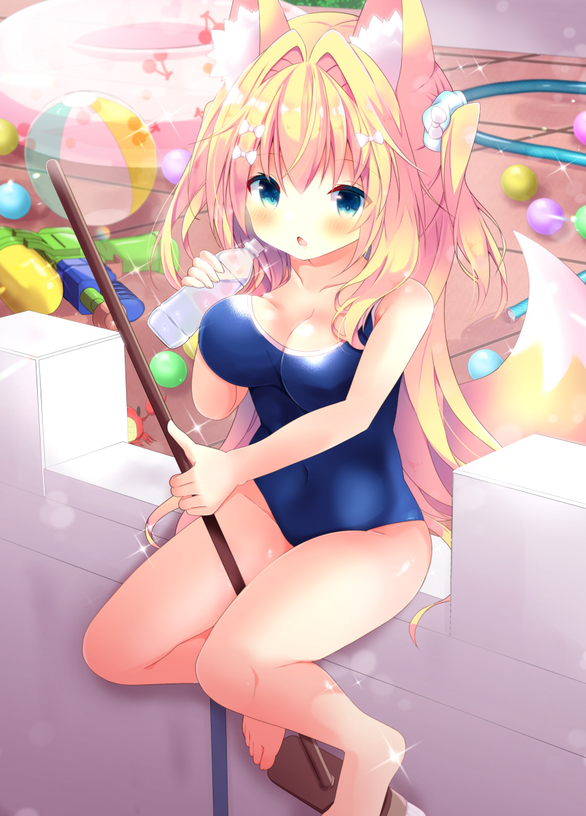 1girl absurdres animal_ear_fluff animal_ears ball bangs bare_arms bare_legs bare_shoulders barefoot beachball between_legs blonde_hair blue_eyes blue_scrunchie blue_swimsuit blurry blurry_background blush bottle bow breasts broom collarbone commentary_request covered_navel day depth_of_field eyebrows_visible_through_hair fang fox_ears fox_girl fox_tail fuuna_thise hair_between_eyes hair_bow hair_intakes hair_ornament hair_scrunchie highres holding holding_bottle holding_broom large_breasts long_hair looking_at_viewer new_school_swimsuit one-piece_swimsuit open_mouth original school_swimsuit scrunchie sitting solo sparkle swimsuit tail transparent two_side_up very_long_hair water_bottle water_gun white_bow