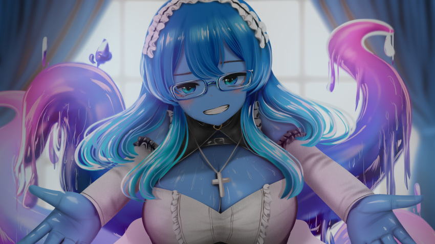 1girl blue-framed_eyewear blue_eyes blue_hair blue_skin blush breasts choker cleavage commission commissioner_upload cross cross_necklace curtains day detached_sleeves eyebrows glasses grin hair_between_eyes heart heart_choker highres indoors jewelry kirimatsu large_breasts long_hair long_sleeves looking_at_viewer maid maid_headdress messy_hair monster_girl multicolored_hair necklace original outstretched_arms parted_lips rectangular_eyewear sidelocks slime_girl smile solo teeth tentacles two-tone_hair upper_body wallpaper wavy_hair window
