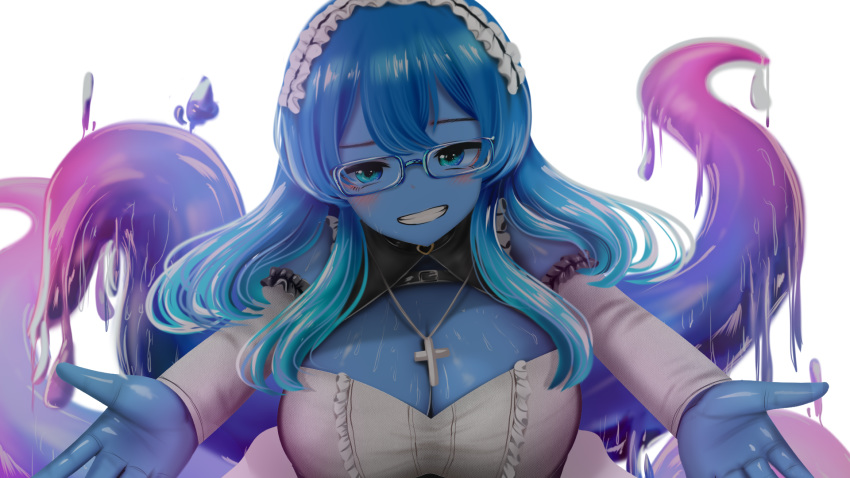 1girl blue-framed_eyewear blue_eyes blue_hair blue_skin blush breasts choker cleavage commission commissioner_upload cross cross_necklace detached_sleeves eyebrows glasses grin hair_between_eyes heart heart_choker highres jewelry kirimatsu large_breasts long_hair long_sleeves looking_at_viewer maid maid_headdress messy_hair monster_girl multicolored_hair necklace original outstretched_arms parted_lips rectangular_eyewear sidelocks slime_girl smile solo teeth tentacles transparent_background two-tone_hair upper_body wallpaper wavy_hair