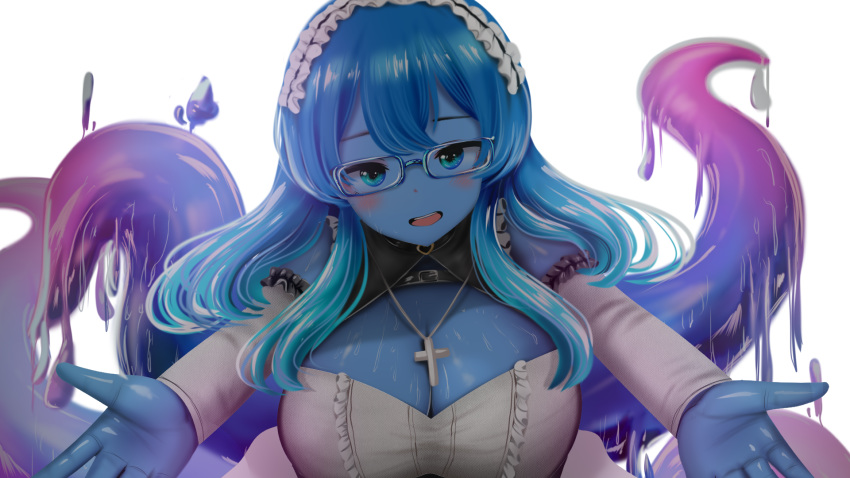 1girl blue-framed_eyewear blue_eyes blue_hair blue_skin blush breasts choker cleavage commission commissioner_upload cross cross_necklace detached_sleeves eyebrows glasses hair_between_eyes heart heart_choker highres jewelry kirimatsu large_breasts long_hair long_sleeves looking_at_viewer maid maid_headdress messy_hair monster_girl multicolored_hair necklace open_mouth original outstretched_arms rectangular_eyewear sidelocks slime_girl smile solo tentacles tongue transparent_background two-tone_hair upper_body upper_teeth wallpaper wavy_hair