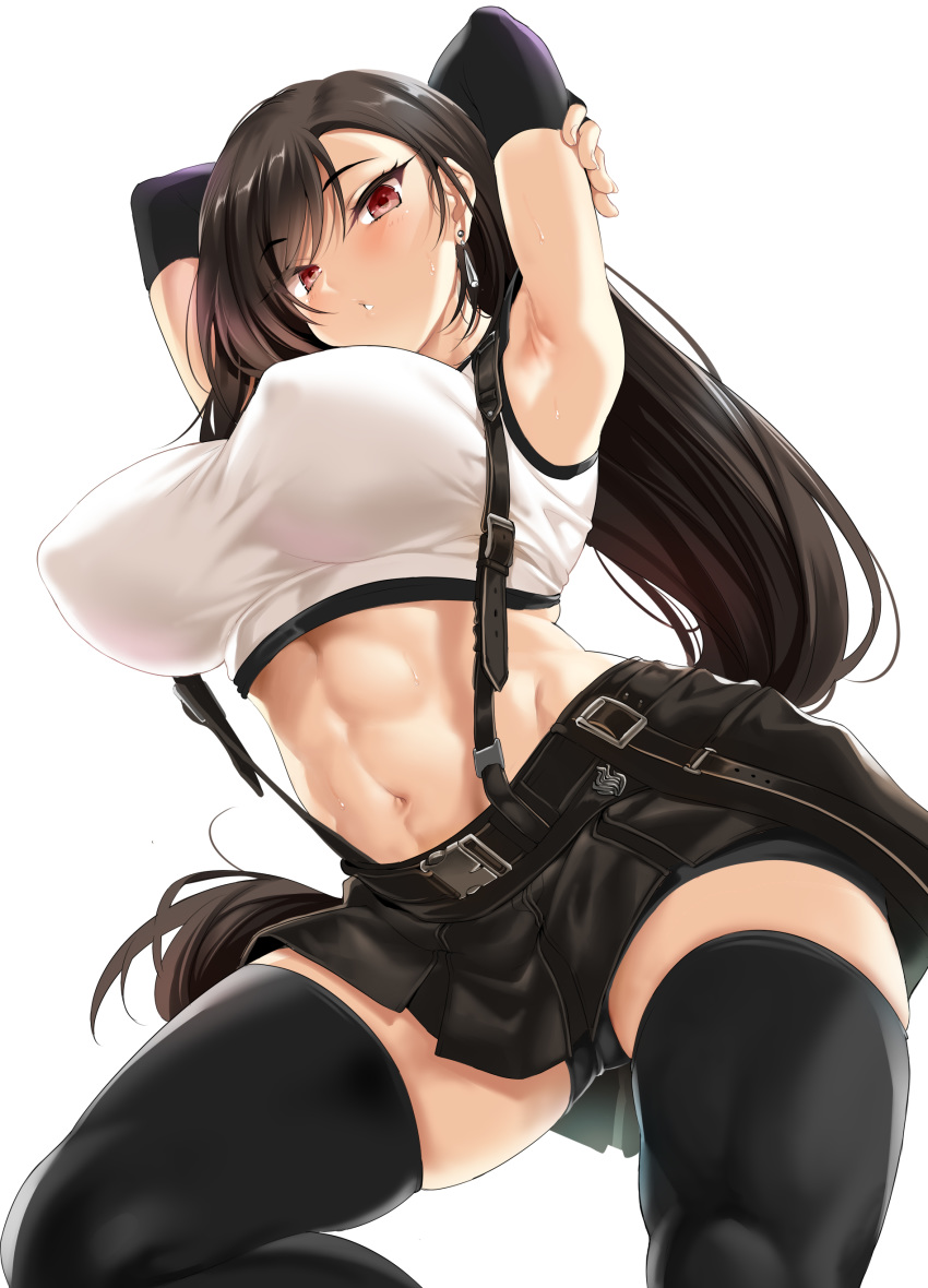 1girl abs absurdres armpits arms_behind_head arms_up bangs bare_shoulders belt black_gloves black_hair black_legwear black_skirt blush breasts earrings elbow_gloves fantia_reward final_fantasy final_fantasy_vii final_fantasy_vii_remake fingerless_gloves gloves highres jewelry kure_masahiro large_breasts long_hair looking_at_viewer low-tied_long_hair navel paid_reward parted_lips red_eyes shirt simple_background skirt solo suspender_skirt suspenders swept_bangs tank_top taut_clothes taut_shirt thighhighs thighs tifa_lockhart white_background white_tank_top