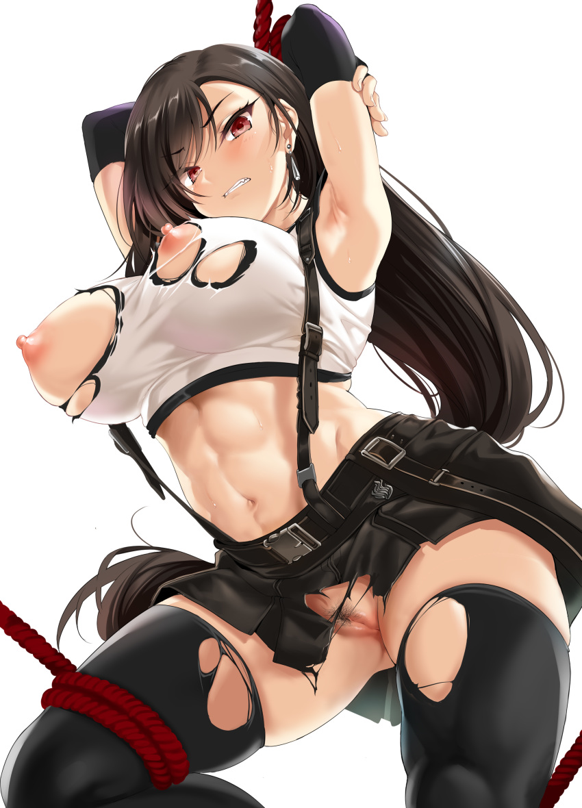 1girl abs absurdres armpits arms_behind_head arms_up bangs bare_shoulders bdsm belt black_gloves black_hair black_legwear black_skirt blush bondage bound bound_arms bound_legs breasts clenched_teeth earrings elbow_gloves fantia_reward final_fantasy final_fantasy_vii final_fantasy_vii_remake fingerless_gloves gloves highres jewelry kure_masahiro large_breasts long_hair looking_at_viewer low-tied_long_hair navel nipples no_panties paid_reward pubic_hair pussy red_eyes rope shirt simple_background skirt solo suspender_skirt suspenders swept_bangs tank_top taut_clothes taut_shirt teeth thighhighs thighs tifa_lockhart torn_clothes torn_shirt torn_skirt white_background white_tank_top