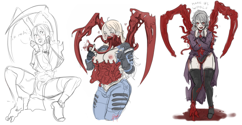 1girl blonde_hair blood bloody_tears blush breasts breasts_outside claws cleavage commentary crossed_arms cunnilingus_gesture dead_space dead_space_2 dress english_commentary english_text extra_arms garter_straps grey_hair guro highres horror_(theme) large_breasts long_tongue mandibles monster_girl multiple_views necromorph nipples nose_blush red_eyes sketch slasher_(dead_space) snifer25 thighhighs tongue torn_clothes torn_dress