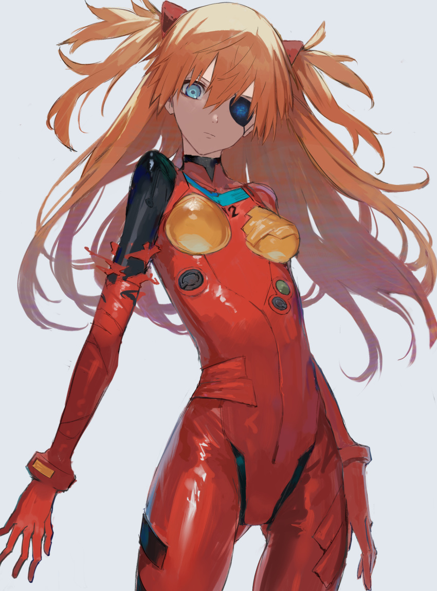 1girl absurdres as ass_visible_through_thighs blue_eyes brown_hair cowboy_shot eyepatch hair_between_eyes highres long_hair looking_at_viewer neon_genesis_evangelion plugsuit rebuild_of_evangelion shikinami_asuka_langley solo souryuu_asuka_langley white_background yu-hi