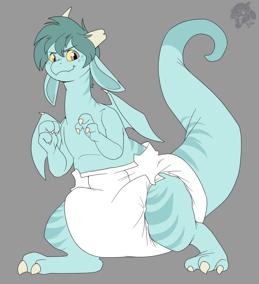 3_fingers anthro claws cuddlehooves diaper digitigrade dragon fingers hi_res horn looking_at_viewer male smile solo standing wings