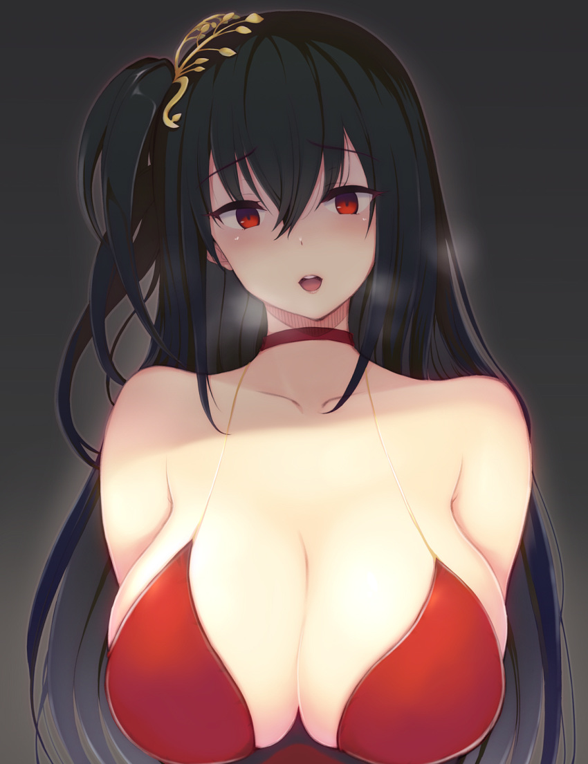 1girl 3yuki azur_lane bangs bare_shoulders black_hair blush breasts choker cleavage cocktail_dress collarbone crossed_bangs dress eyebrows_visible_through_hair grey_background hair_ornament head_tilt heavy_breathing highres large_breasts long_hair open_mouth red_choker red_dress red_eyes simple_background solo taihou_(azur_lane) taihou_(forbidden_feast)_(azur_lane) yandere