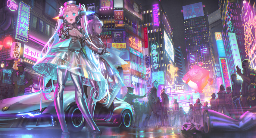 2girls 6+others alphonse_(white_datura) android blonde_hair blue_eyes breasts building car city city_lights ground_vehicle hands_in_pockets highres hood hood_up long_hair mask motor_vehicle mouth_mask multiple_girls multiple_others night nipples open_mouth original police_car puffy_short_sleeves puffy_sleeves purple_hair pussy science_fiction scissor_doors see-through short_hair short_sleeves skin_tight skyscraper small_breasts twintails