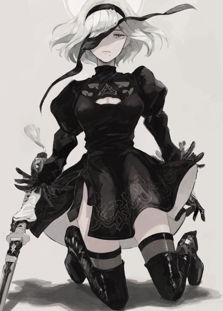 1girl absurdres black_dress black_footwear black_gloves black_hairband black_legwear boots breasts cleavage cleavage_cutout closed_mouth dress feather_trim feathers frown gloves grey_background grey_eyes hairband highres holding holding_sword holding_weapon knee_boots kneeling lips medium_hair mole mole_under_mouth nier_(series) nier_automata pink_lips puffy_sleeves shadow simple_background solo sword thigh_boots thighhighs thighhighs_under_boots tokotoko_numa turtleneck weapon white_hair yorha_no._2_type_b
