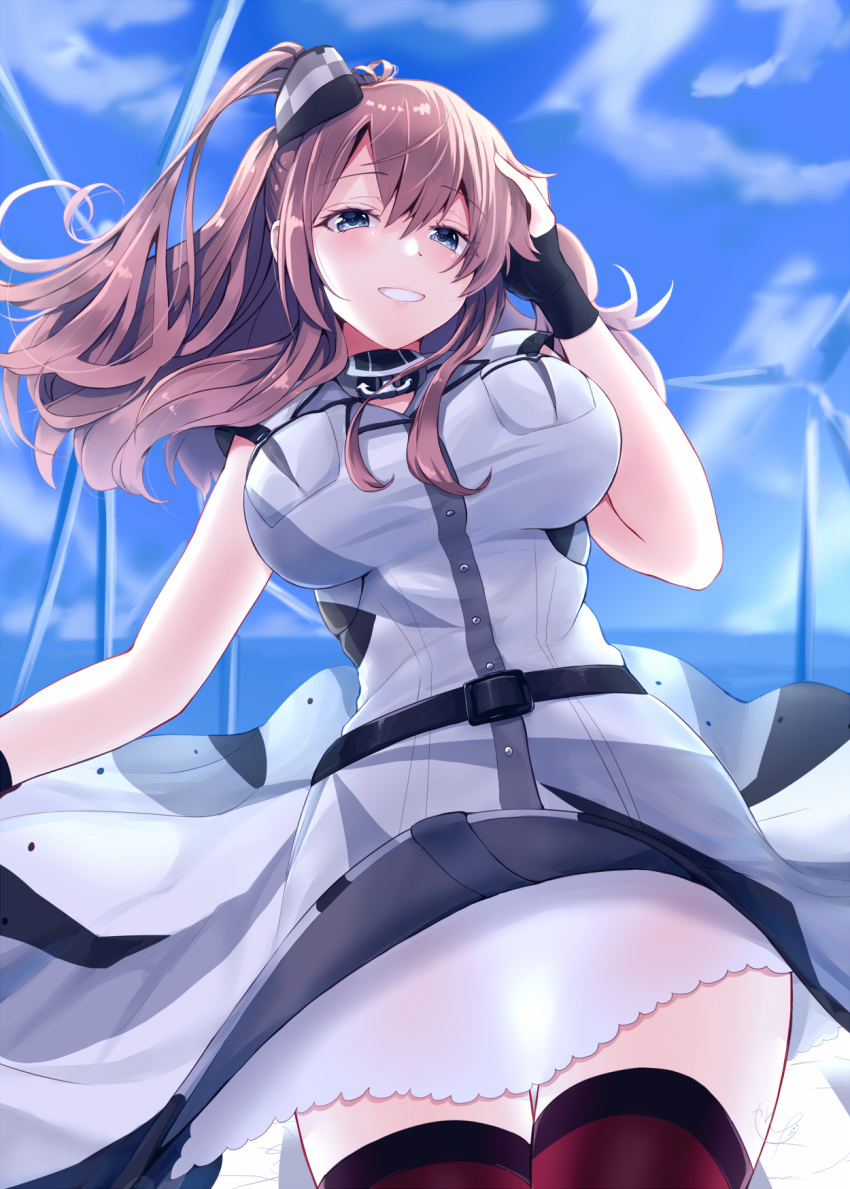 1girl belt belt_buckle black_belt black_gloves blue_eyes breast_pocket breasts brown_hair buckle buttons cowboy_shot day dress eyebrows_visible_through_hair gloves hair_between_eyes hand_on_head hand_on_own_head highres kantai_collection large_breasts long_hair narushima_kanna pocket red_legwear remodel_(kantai_collection) saratoga_(kantai_collection) short_sleeves side_ponytail sky smile solo thighhighs white_dress wind_turbine windmill
