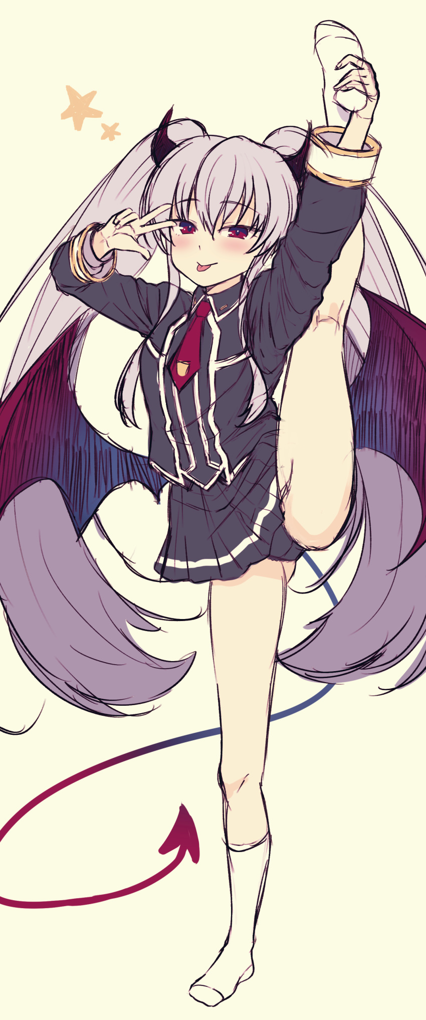 1girl :p absurdres arm_up ass_visible_through_thighs bangs black_panties black_skirt blush demon_horns demon_tail demon_wings eyebrows_visible_through_hair grey_hair grim_aloe hair_between_eyes highres honami_(yths4221) horns leg_up long_hair long_sleeves looking_at_viewer low_wings necktie no_shoes panties pleated_skirt quiz_magic_academy red_eyes red_neckwear sidelocks simple_background skirt socks solo standing standing_on_one_leg star tail tongue tongue_out twintails underwear v_over_eye very_long_hair white_legwear wings