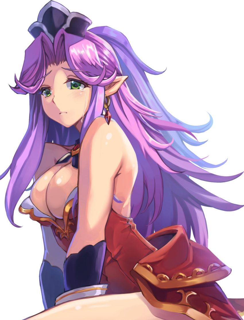 1girl a-na angela_(seiken_densetsu_3) bare_shoulders breasts cleavage closed_mouth earrings eyebrows_visible_through_hair highres jewelry large_breasts leotard long_hair looking_away purple_hair red_earrings red_leotard seiken_densetsu seiken_densetsu_3 simple_background solo tears white_background