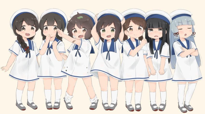 6+girls aoshima_sakana bandaid bandaid_on_face bangs black_eyes black_hair blue_sailor_collar blush brown_eyes brown_hair closed_eyes closed_mouth cosplay crossed_arms crying crying_with_eyes_open dirty_clothes dress eyebrows_visible_through_hair fubuki_(kantai_collection) full_body green_eyes hair_ribbon hands_on_headwear hat hatsuyuki_(kantai_collection) hiburi_(kantai_collection) hiburi_(kantai_collection)_(cosplay) isonami_(kantai_collection) kantai_collection kneehighs leaf leaf_on_head looking_at_viewer low_ponytail miyuki_(kantai_collection) multiple_girls murakumo_(kantai_collection) open_mouth ribbon sailor_collar sailor_dress sailor_hat shikinami_(kantai_collection) shirayuki_(kantai_collection) shoes short_hair short_sleeves silver_hair simple_background smile socks tears tress_ribbon uranami_(kantai_collection) white_dress white_headwear white_legwear younger