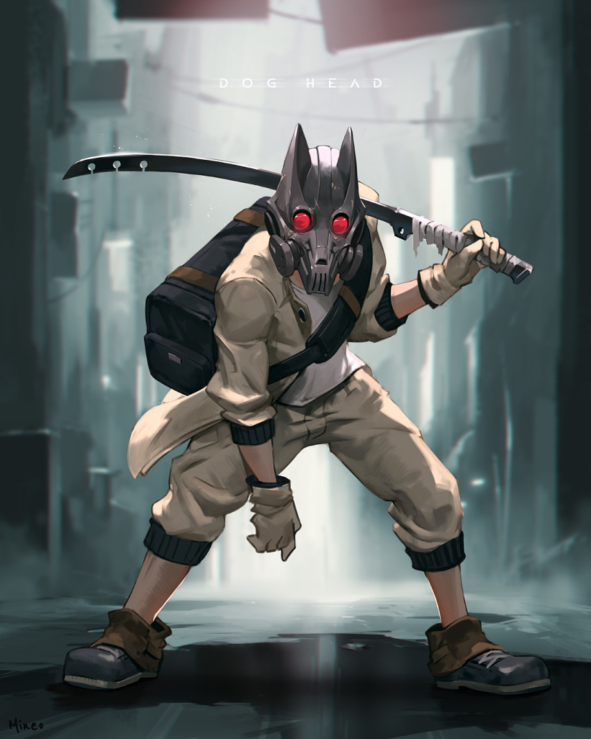 1boy bag beige_gloves beige_jacket black_bag black_footwear blurry blurry_background english_text fog gas_mask glint gloves highres holding holding_sword holding_weapon jacket jiro_(ninetysix) male_focus mask open_clothes open_jacket original outdoors over_shoulder pants pants_rolled_up puddle science_fiction shoes sleeves_rolled_up sneakers solo standing sword sword_over_shoulder water weapon weapon_over_shoulder