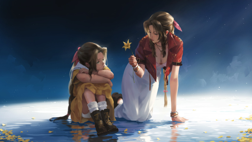 2girls absurdres aerith_gainsborough age_comparison artist_name boots bow bracelet braid brown_hair cropped_jacket crossed_arms crying dress final_fantasy final_fantasy_vii final_fantasy_vii_remake flower g-tz hair_bow highres holding holding_flower jacket jewelry kneeling lips long_hair looking_at_another multiple_girls pink_bow red_jacket sidelocks sitting tears time_paradox
