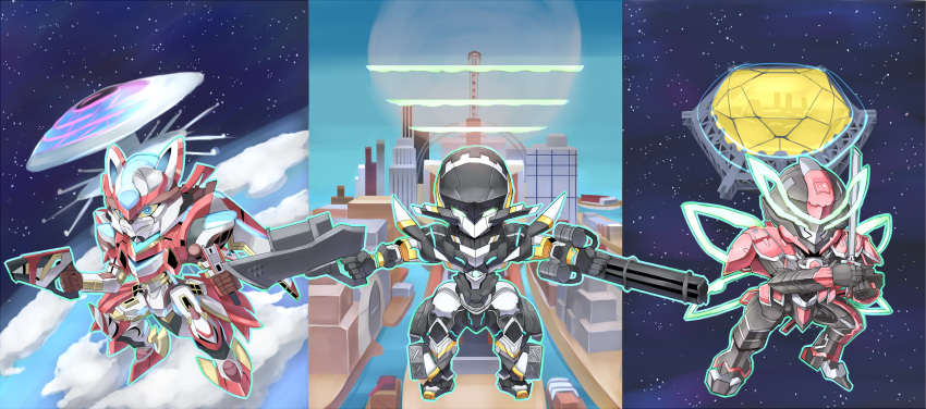 chamber_(suisei_no_gargantia) crossover gatling_gun green_eyes gun highres kakumeiki_valvrave majestic_prince mecha mechanical_wings minigun no_humans red_five space space_station suisei_no_gargantia sword valvrave_i visor weapon wings xenonstriker