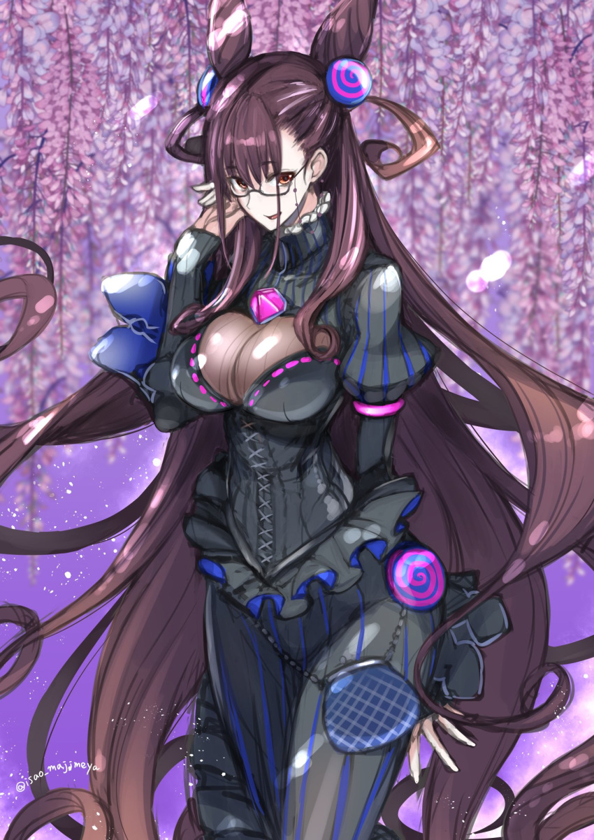 1girl amethyst_(gemstone) bangs black_dress blush breasts brown_hair double_bun dress fate/grand_order fate_(series) flower gem glasses highres isao juliet_sleeves large_breasts long_hair long_sleeves looking_at_viewer murasaki_shikibu_(fate) open_mouth puff_and_slash_sleeves puffy_sleeves purple_eyes sleeves_past_wrists smile solo two_side_up very_long_hair wisteria