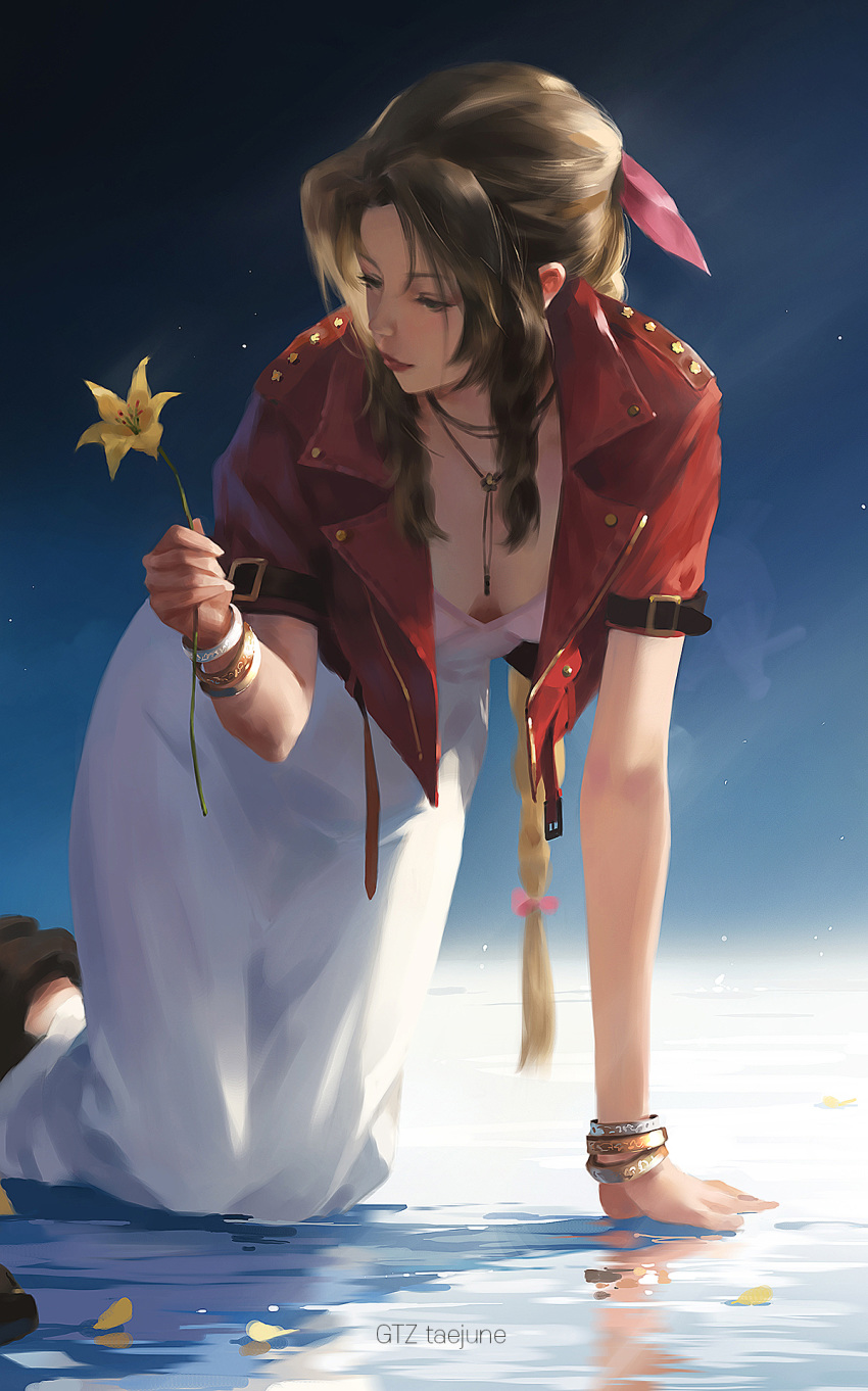 1girl aerith_gainsborough artist_name bow bracelet braid brown_ahir brown_hair cropped_jacket dress final_fantasy final_fantasy_vii final_fantasy_vii_remake flower g-tz hair_bow highres holding holding_flower jacket jewelry kneeling lips long_hair pink_bow red_jacket sidelocks solo