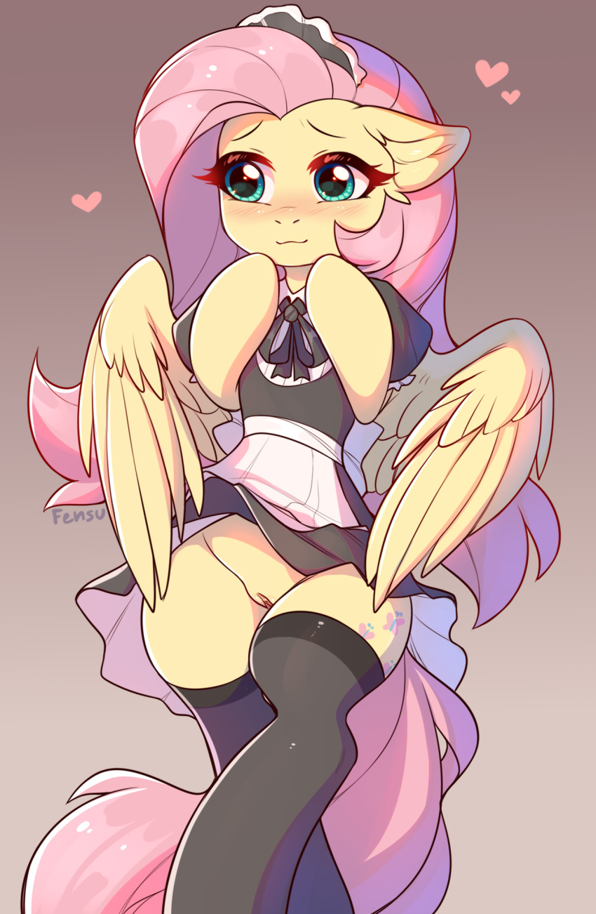 &lt;3 2020 clothed clothing cutie_mark digital_media_(artwork) equid equine eyebrows eyelashes feathered_wings feathers female fensu-san fluttershy_(mlp) friendship_is_magic front_view genitals gradient_background hi_res legwear mammal my_little_pony pegasus pussy simple_background solo wings