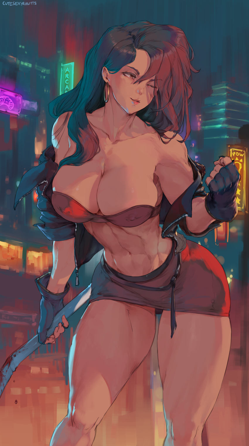 1girl abs absurdres bare_knuckle black_gloves blaze_fielding bow breasts brown_hair cleavage collarbone cutesexyrobutts earrings fingerless_gloves gloves highres hoop_earrings huge_filesize jewelry large_breasts lead_pipe long_hair midriff navel neon_lights one_eye_closed red_bow red_skirt signature skirt solo streets_of_rage_4 thick_thighs thighs toned