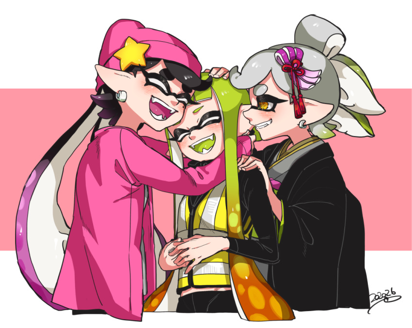+_+ 3girls aori_(splatoon) arms_around_neck bangs beanie bike_shorts black_haori black_shirt black_shorts blunt_bangs closed_eyes commentary cousins cropped_torso dated domino_mask fangs food gradient_hair green_hair green_tongue grey_hair grey_kimono grin hair_ornament hand_on_another's_head hand_on_another's_shoulder hands_together haori happy hat hat_ornament hotaru_(splatoon) hug inkling jacket japanese_clothes kimono long_hair long_sleeves mask multicolored_hair multiple_girls obi open_clothes open_jacket open_mouth orange_eyes orange_hair pointy_ears purple_headwear purple_jacket purple_tongue sash sharp_teeth shirt shorts smile splatoon_(series) splatoon_1 splatoon_2 squidbeak_splatoon star star_hat_ornament sushi teeth tied_hair vest yellow_vest yeneny