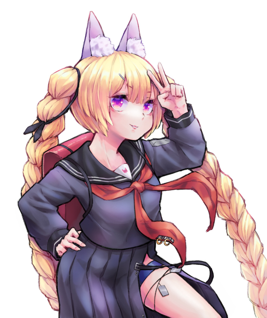 1girl absurdres alternate_costume animal_ear_fluff animal_ears backpack bag blonde_hair braid chuo8008 commentary_request girls_frontline hand_on_hip highres long_hair long_sleeves looking_at_viewer neckerchief parted_lips pleated_skirt purple_eyes randoseru red_neckwear sailor_collar school_uniform serafuku simple_background skirt solo sr-3mp_(girls_frontline) twin_braids twintails v very_long_hair white_background