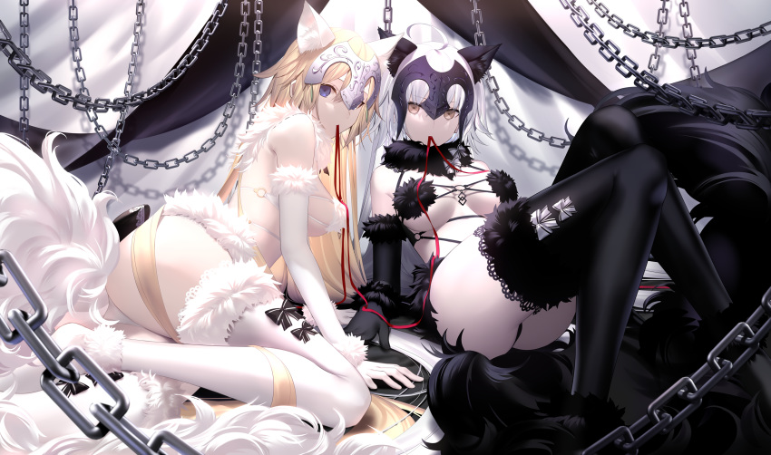 2girls ahoge animal_ear_fluff animal_ears ass black_gloves black_legwear blonde_hair blue_eyes breasts chain commentary_request cosplay dangerous_beast eyebrows_visible_through_hair fate/apocrypha fate/grand_order fate_(series) gloves headwear highres jeanne_d'arc_(alter)_(fate) jeanne_d'arc_(fate) jeanne_d'arc_(fate)_(all) large_breasts long_hair looking_at_viewer mash_kyrielight mash_kyrielight_(cosplay) mouth_hold multiple_girls pale_skin red_ribbon red_string ribbon shinooji string tail thighhighs white_gloves white_hair white_legwear yellow_eyes