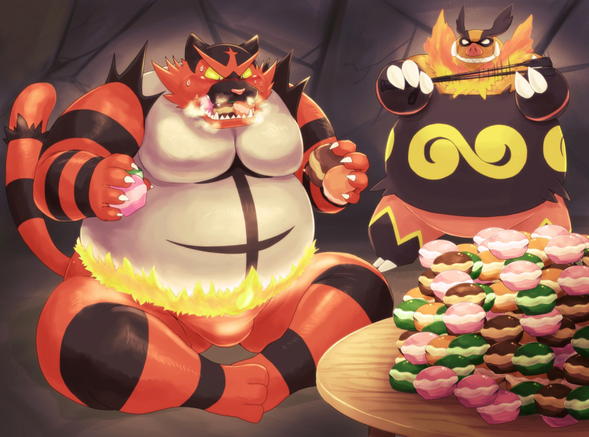 2016 anthro belly bulge duo eating emboar food fur humanoid_hands incineroar iwano kemono male moobs nintendo obese overweight overweight_male pok&eacute;mon pok&eacute;mon_(species) red_body red_fur scared sitting video_games