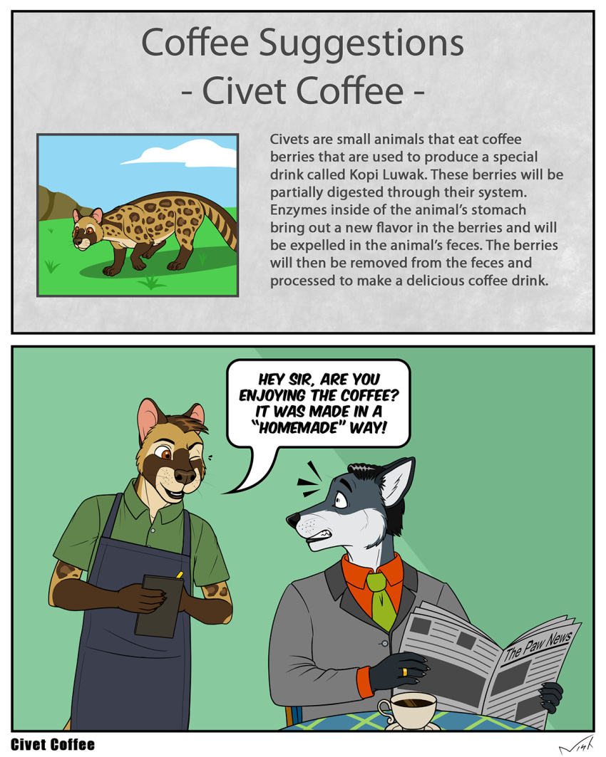 4:5 anthro beverage canid canine canis civet coffee comic english_text flat_colors group hi_res humor male mammal nisharu speech_bubble text viverrid wolf