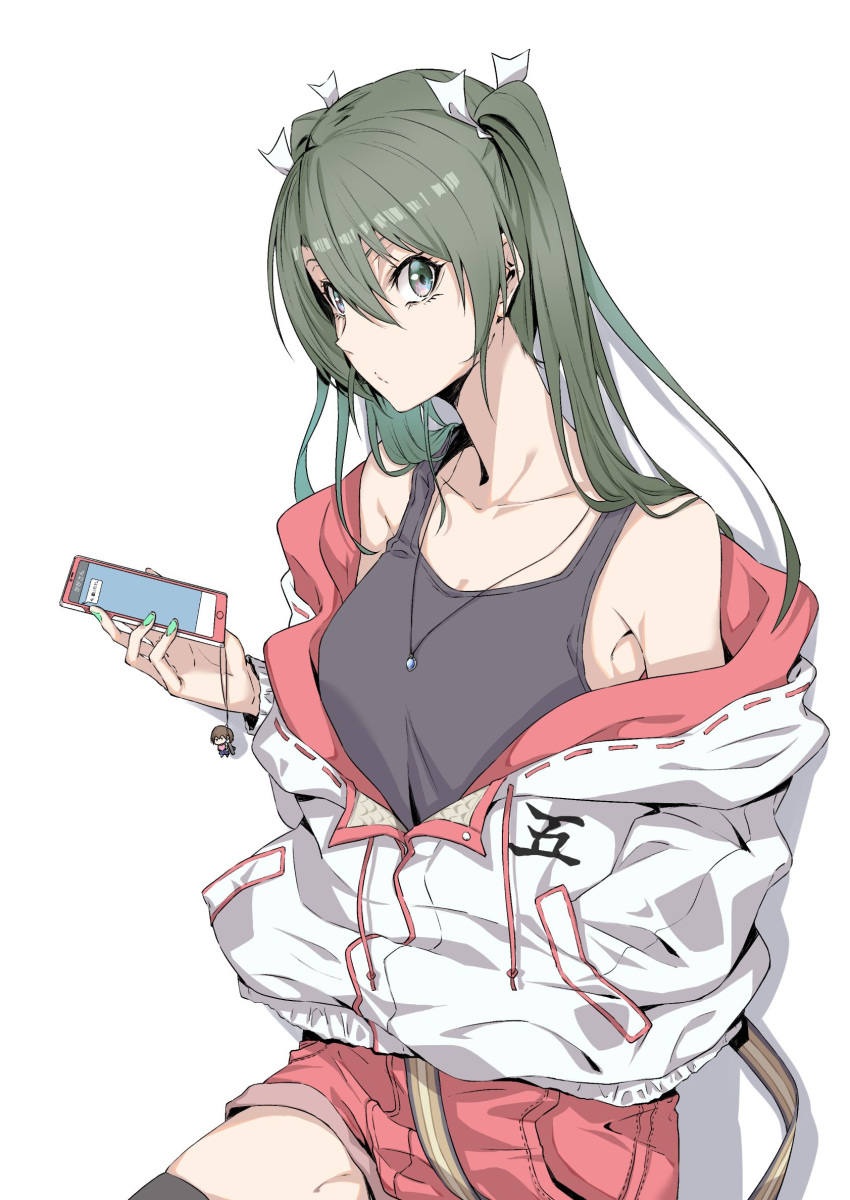 1girl alternate_costume batabata0015 black_legwear casual cellphone collarbone cowboy_shot dark_green_hair green_eyes hair_ribbon hand_in_pocket highres jacket jewelry kantai_collection long_hair looking_at_viewer necklace phone red_shorts ribbon shorts simple_background solo tank_top thighhighs twintails white_background white_jacket white_ribbon zuikaku_(kantai_collection)