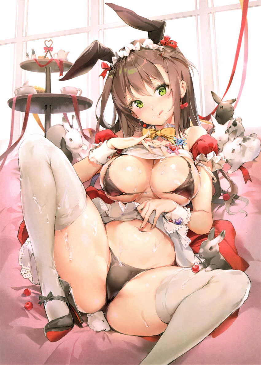 1girl absurdres animal_ears ankle_strap anmi bikini black_bikini black_bow black_bra black_footwear black_panties bow bowtie bra breasts brown_hair bunny cherry_earrings cleavage comic_kairakuten_beast earrings food_themed_earrings green_eyes high_heels highres jewelry large_breasts lifted_by_self micro_bra navel o-ring o-ring_top panties red_earrings scan shoe_bow shoes skirt skirt_lift strap_gap string_bikini sweat swimsuit thighhighs too_many too_many_bunnies underwear white_legwear wing_collar yellow_bow yellow_neckwear