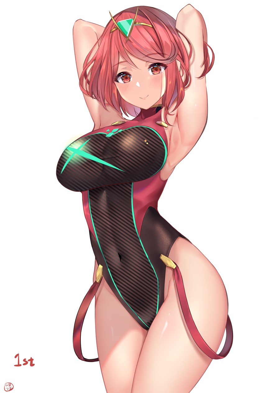 1girl absurdres armpits arms_behind_head bangs blush breasts closed_mouth covered_navel emerald_(gemstone) eyebrows_visible_through_hair gem highres homura_(xenoblade_2) large_breasts mukatsukulsp one-piece_swimsuit red_eyes red_hair short_hair simple_background solo swept_bangs swimsuit thighs white_background xenoblade_(series) xenoblade_2