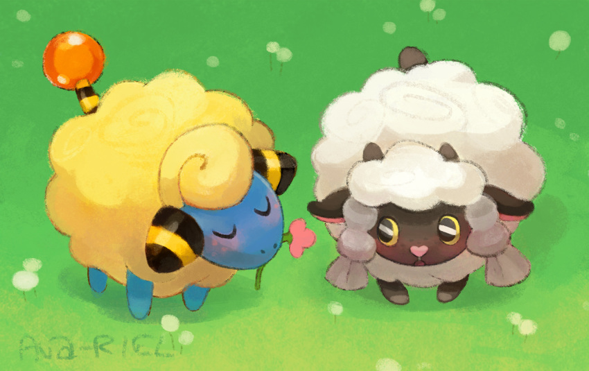 ava-riel black_eyes closed_eyes creature flower full_body gen_2_pokemon gen_8_pokemon grass mareep mouth_hold no_humans pokemon pokemon_(creature) sheep signature standing wooloo