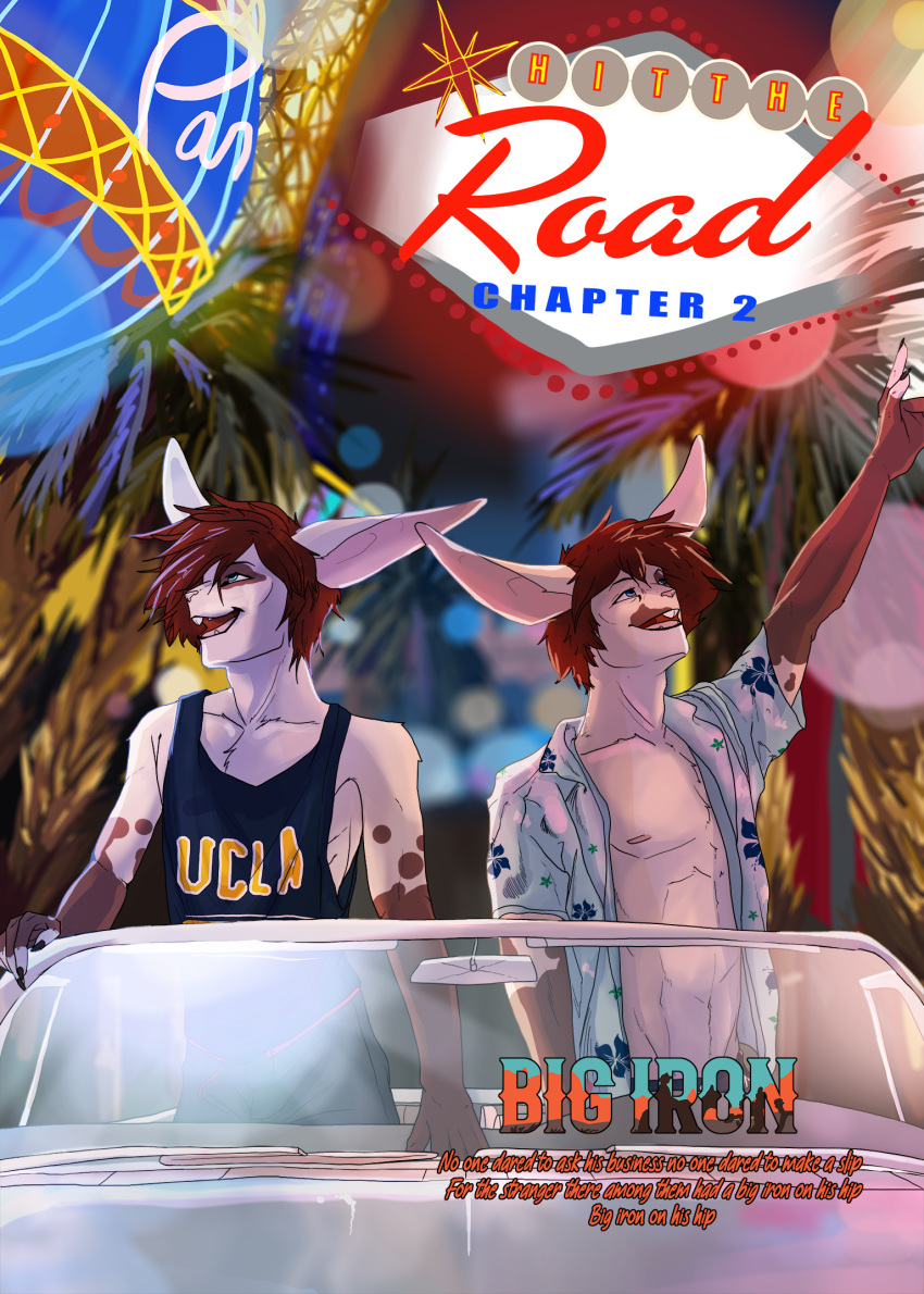 anthro brother brothers car clothed clothing comic cover cover_page digital_media_(artwork) duo ember_(laudanumserum) english_text fur hair hi_res lagomorph las_vegas laudanumserum leporid letho_(laudanumserum) long_ears male mammal neon open_mouth outside rabbit sibling smile text topwear twins vehicle