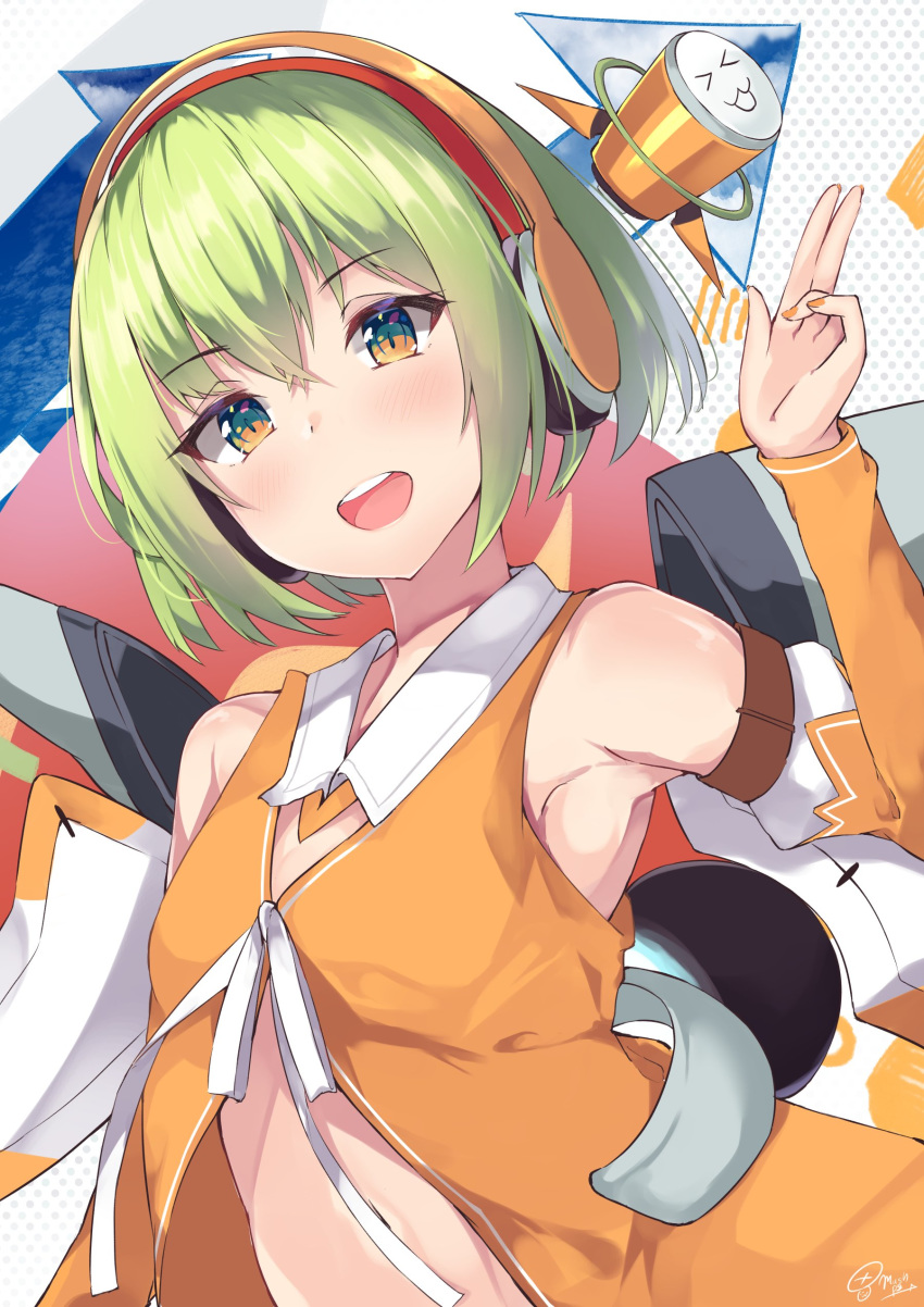 1girl :d absurdres armpits bare_shoulders brown_eyes center_opening chunithm detached_sleeves flat_chest green_hair hand_up headphones highres long_sleeves looking_at_viewer mushpz nail_polish navel open_mouth orange_shirt revealing_clothes shirt short_hair sky_feather smile solo stomach upper_body wing_collar