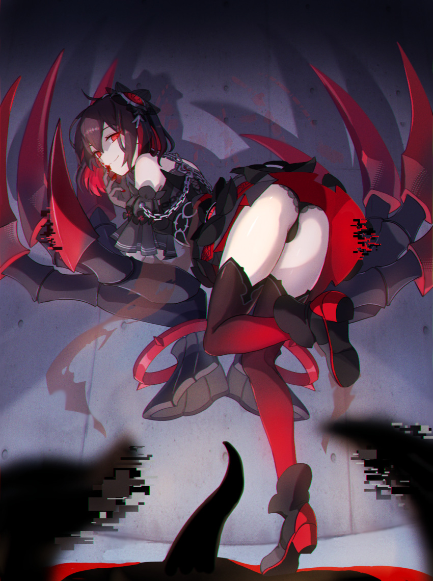 1girl arm_cuffs ass black_hair black_panties blood bloody_hands boots chain claws commentary_request dress evil_smile from_behind full_body glitch hair_ornament highres honkai_(series) honkai_impact_3rd huge_claws looking_at_viewer medium_hair multicolored_hair nasubi_(1ra1ri1ko2cho1mi2na) panties red_eyes red_hair red_legwear seele_vollerei seele_vollerei_(stygian_nymph) shaded_face shadow short_dress smile thighhighs thighs two-tone_hair underwear veliona