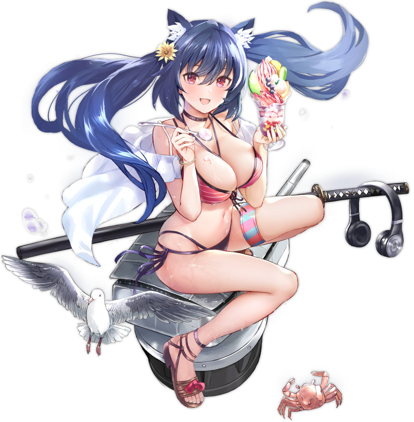 1girl animal animal_ear_fluff animal_ears ashigara_(azur_lane) ashigara_(kaleidoscopic_summer)_(azur_lane) azur_lane ball bare_shoulders beach beachball bikini bird black_hair choker crab floating_hair flower front-tie_bikini front-tie_top hair_flower hair_ornament headphones headphones_removed highres holding katana long_hair looking_at_viewer mismatched_bikini multi-strapped_bikini navel official_art open_mouth parfait red_eyes sandals seagull side-tie_bikini skindentation smile solo stomach swimsuit sword tetsujin_momoko thigh_strap thighs transparent_background turret twintails water weapon wolf_ears