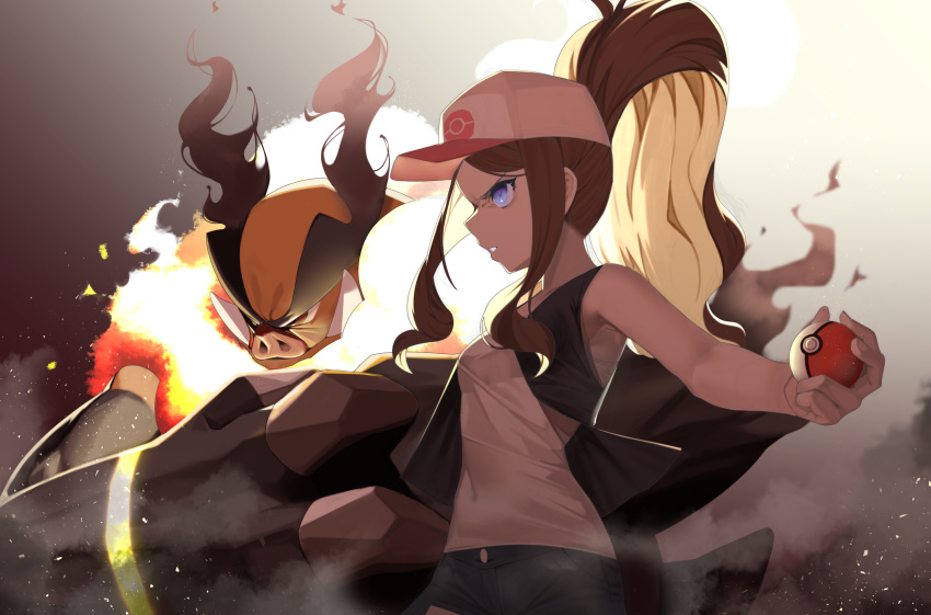 1girl baseball_cap black_vest blue_eyes brown_hair denim denim_shorts embers emboar fire frown gen_5_pokemon hat high_ponytail highres holding holding_poke_ball komadera long_hair parted_lips poke_ball poke_ball_(generic) pokemon pokemon_(creature) pokemon_(game) pokemon_bw shirt short_shorts shorts sidelocks sleeveless sleeveless_shirt smoke touko_(pokemon) tusks vest white_shirt