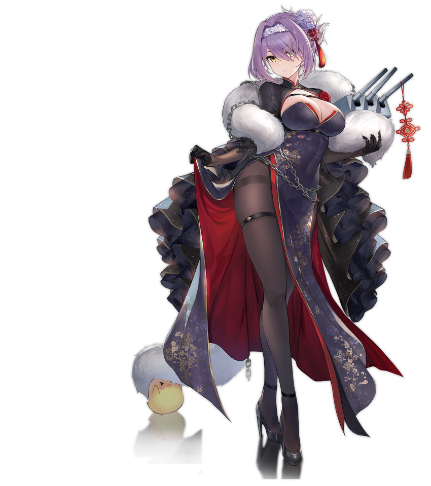 1girl alternate_costume azur_lane bangs black_footwear black_gloves black_legwear blush breasts chain china_dress chinese_clothes cleavage closed_mouth crossed_legs dress dress_lift expressionless eyebrows_visible_through_hair feather_boa flower folded_ponytail full_body gloucester_(azur_lane) gloucester_(brilliance_in_purple)_(azur_lane) gloves hair_flower hair_intakes hair_ornament hairband high_heels highres holding inayama large_breasts long_sleeves looking_at_viewer manjuu_(azur_lane) official_art pantyhose purple_dress purple_hair rigging short_hair shrug_(clothing) side_slit sidelocks skindentation solo standing thigh_strap thighband_pantyhose transparent_background turret vase watson_cross yellow_eyes