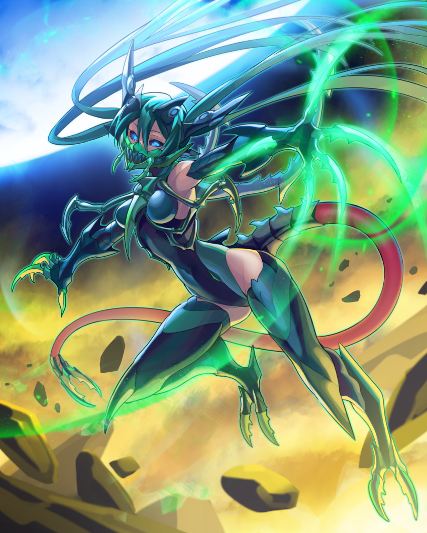 1girl baniran_dorosu black_sclera blue_eyes carapace claws commentary_request covered_navel elbow_gloves extra_eyes gloves glowing green_hair hair_between_eyes highres horns insect_girl long_hair looking_at_viewer monster_girl moon multiple_pupils ninja_mask original rubble solo tail thighhighs very_long_hair